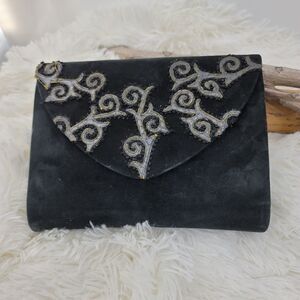 Andrea Pfister vintage suede embroidered clutch with strap